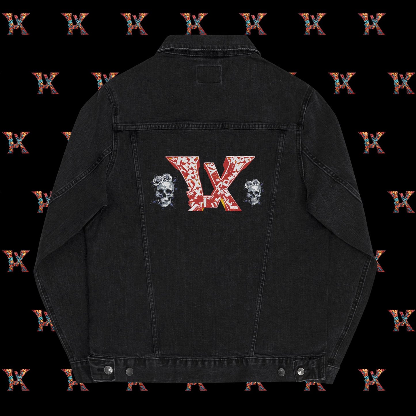 a black jean jacket with skulls on it