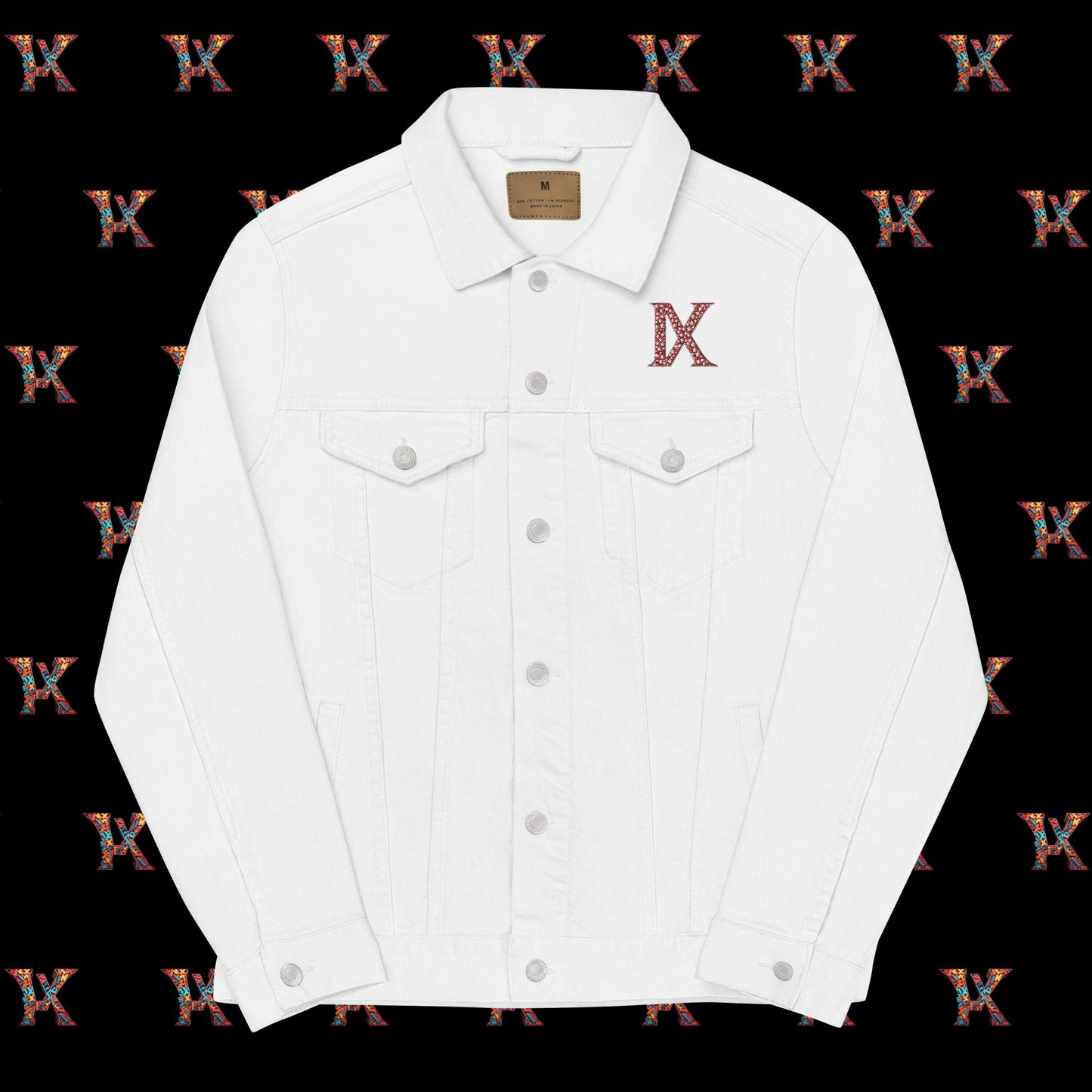 a white jacket with the letter x on it