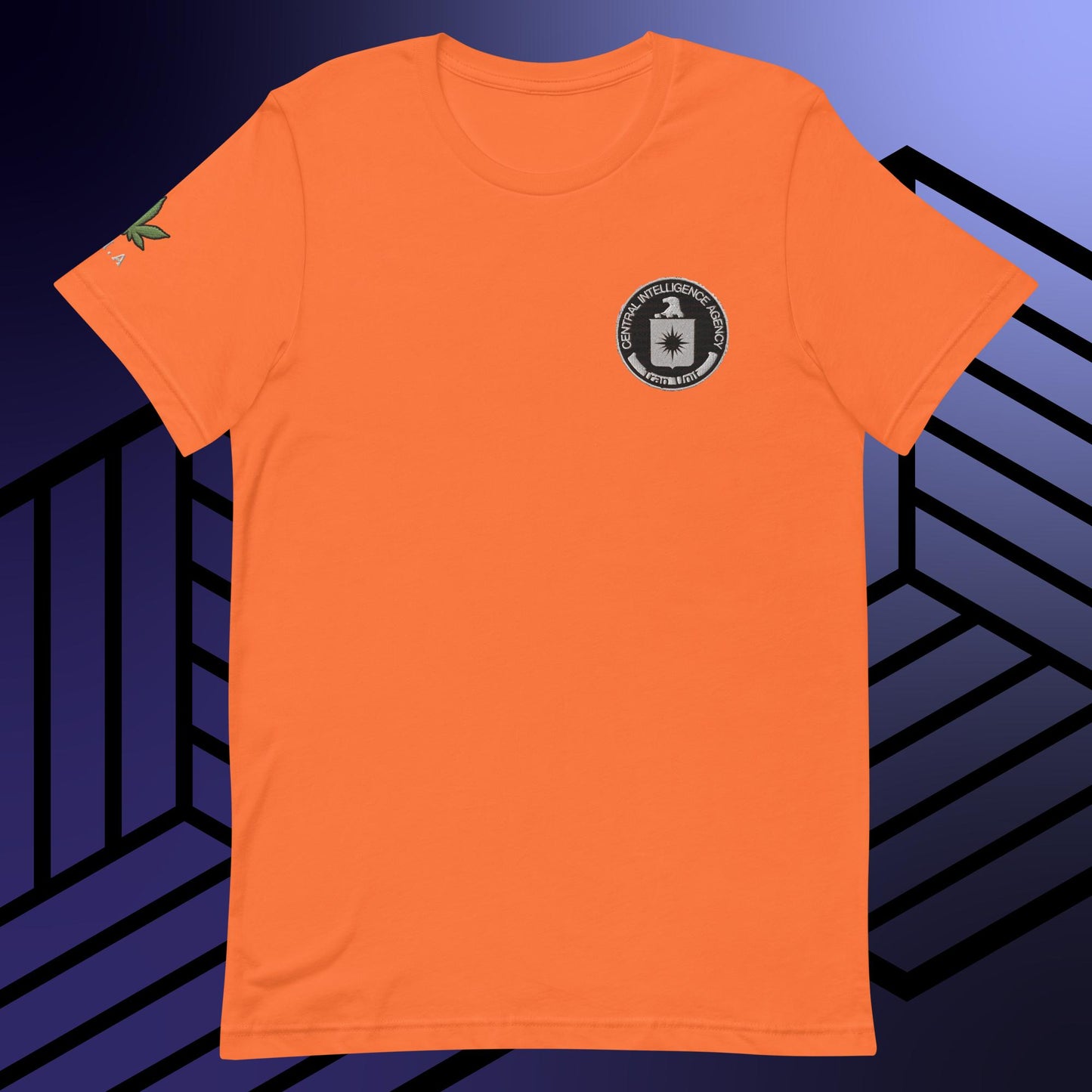 an orange t - shirt with a black and white logo