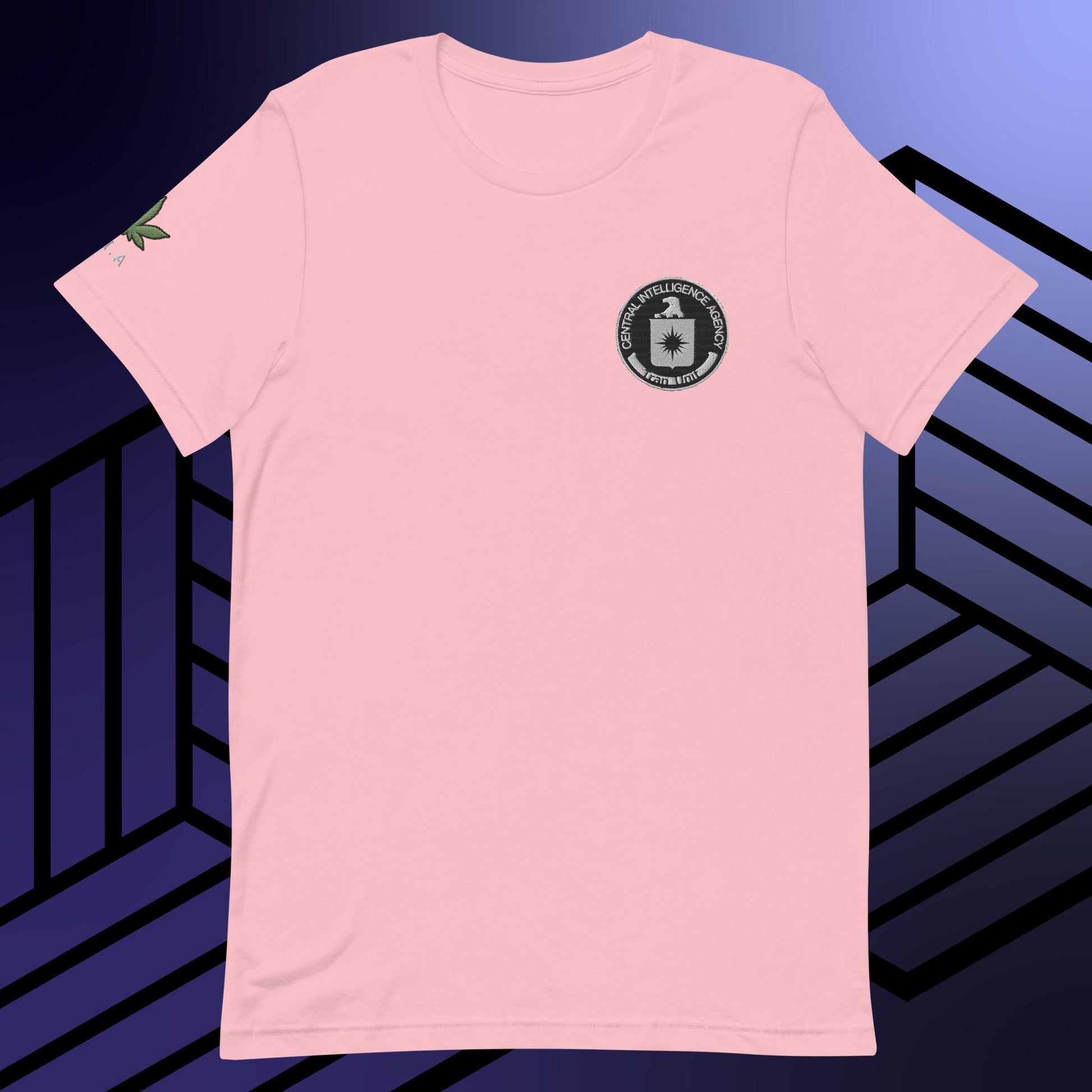 a pink t - shirt with a black and white logo