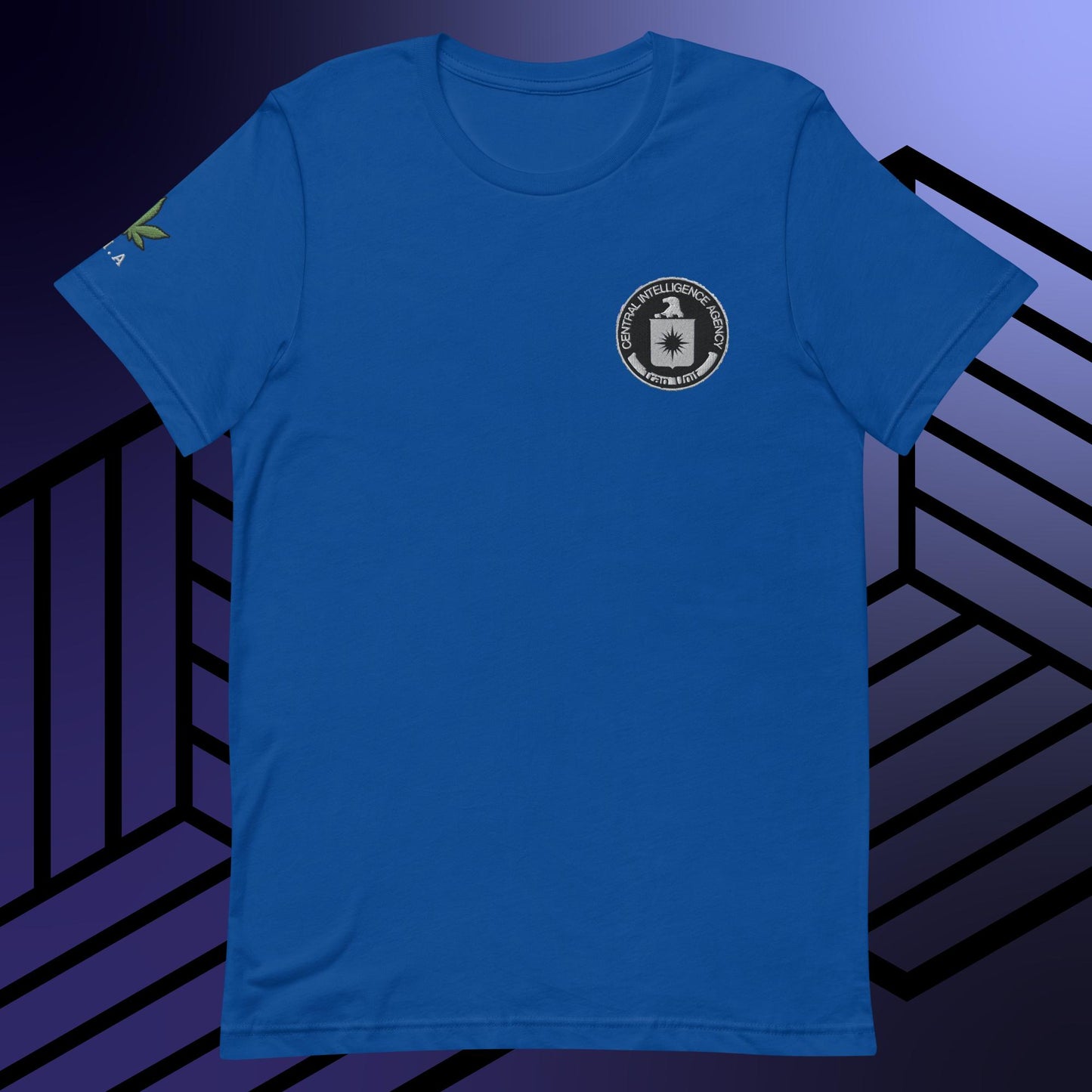 a blue t - shirt with a black and white logo