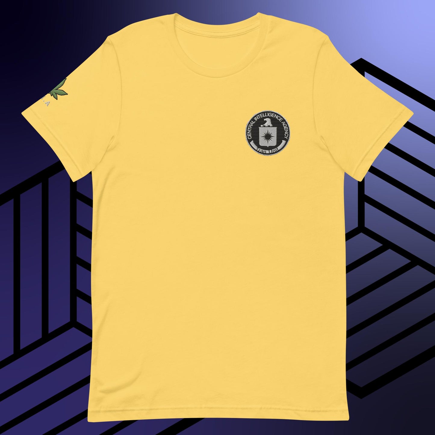 a yellow t - shirt with a black and white logo